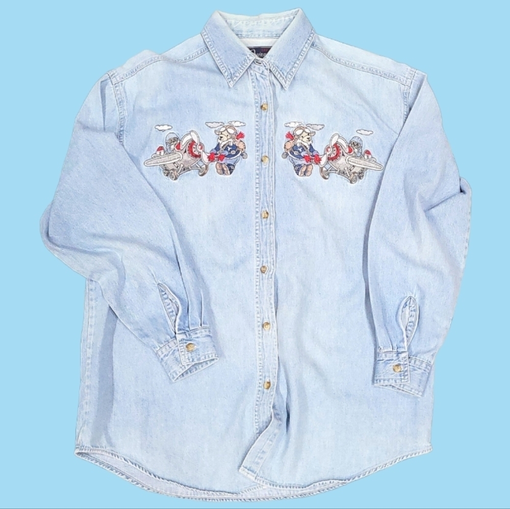 Lets Quizz Again New York Denim Long Sleeve Embroidered Flying Bear Women's Sz S - Picture 8 of 9